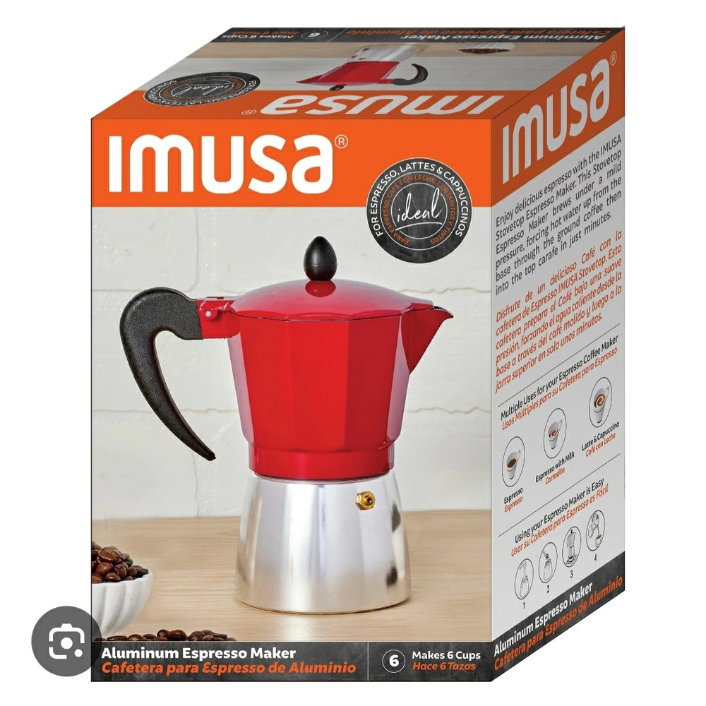 Imusa Aluminum Espresso Maker Size: 6 Cups Red & Silver Travel Friendly NWT NIB